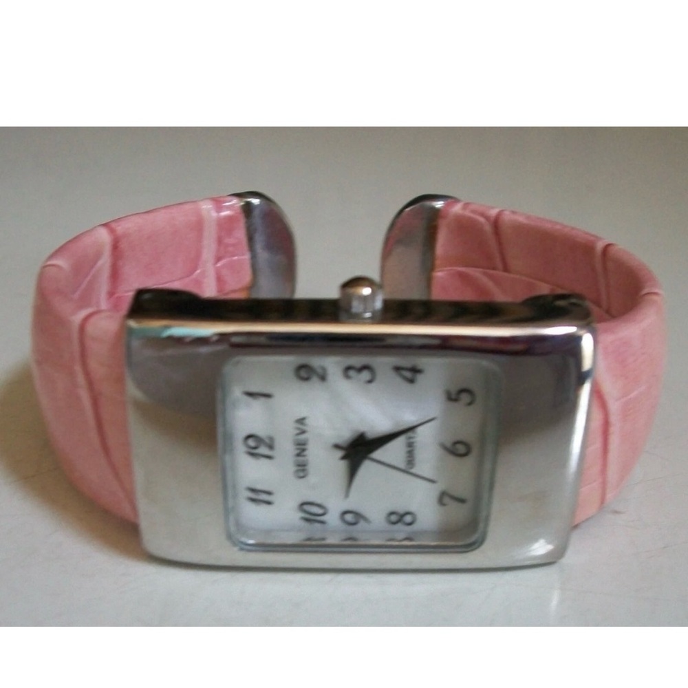 Women pink leather band number dial fashion cuff bangle watch